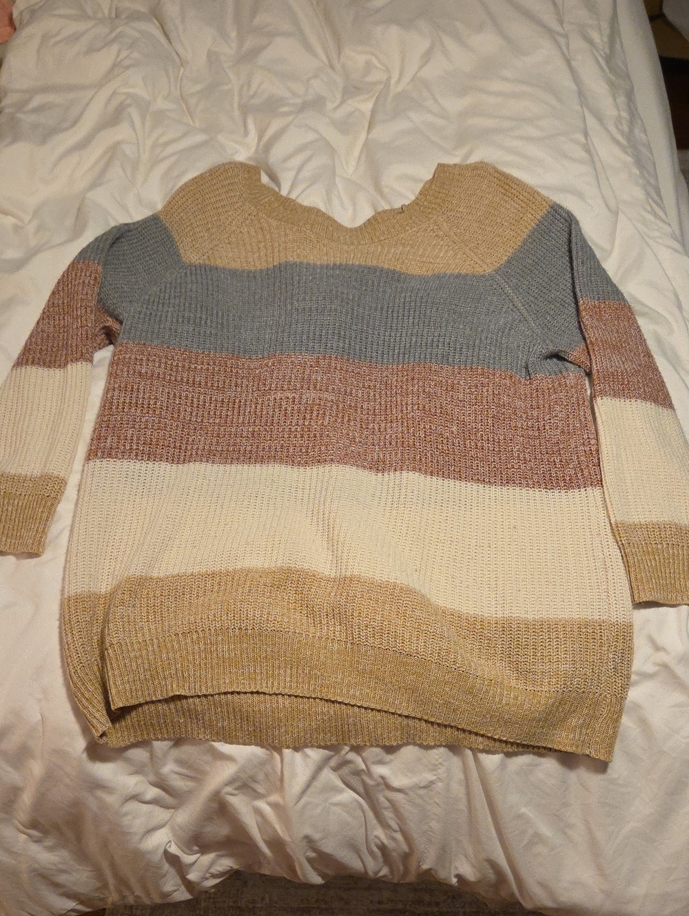 Misia Striped Crewneck Sweater in Beige, Cream, Tan and Blue-Gray